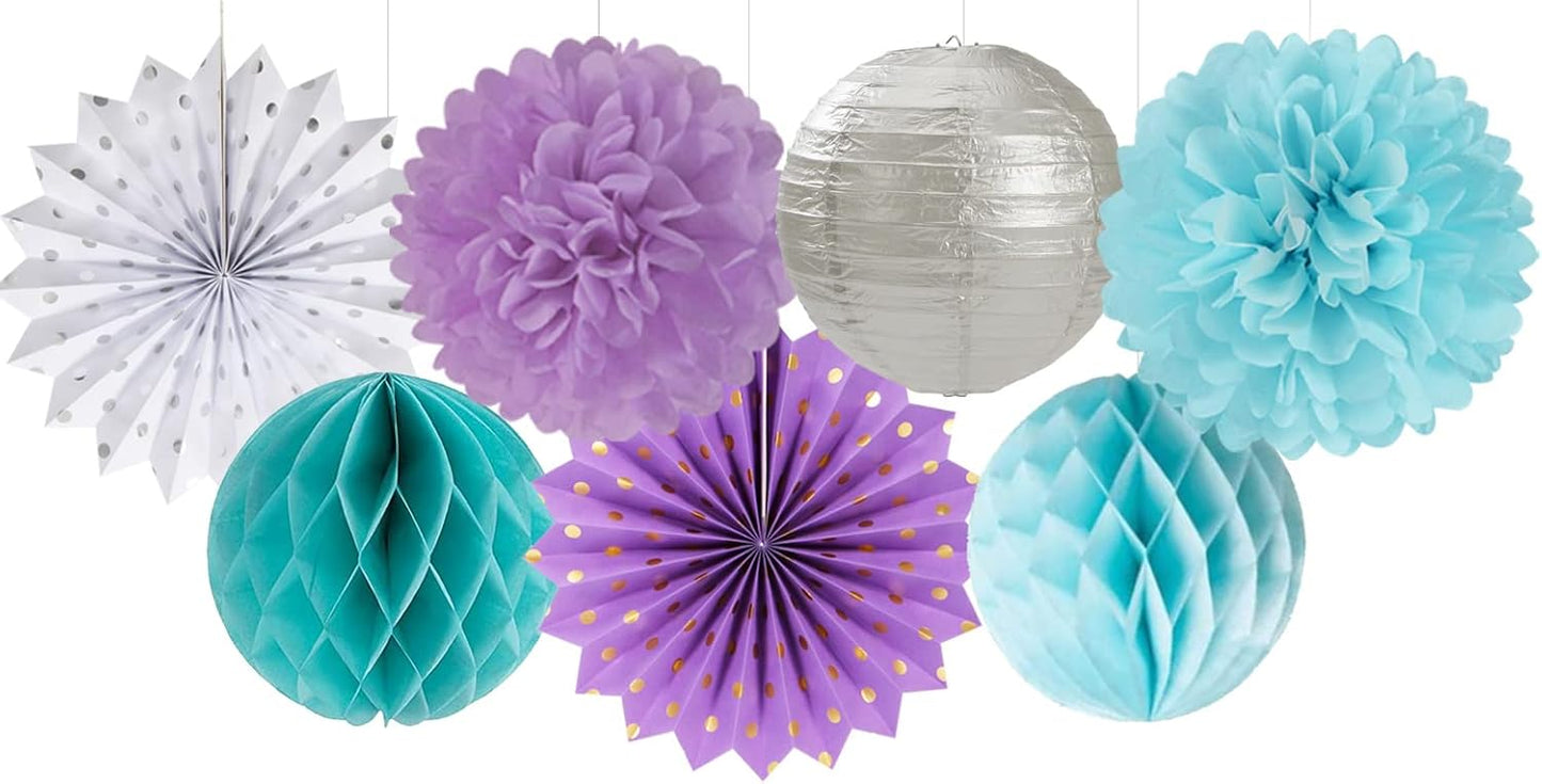 Purple-Blue Silver Frozen Christmas Party Decorations - 14pcs Winter Girl Birthday New Year Paper Lanterns Fan,Tissue Pom Poms Streamers,Honeycomb Balls,Mermaid Baby Shower Decor Lasting Surprise