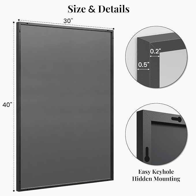 40"x30" Matte Black Framed Rectangle Bathroom Vanity Wall Mirror | Over-Sink Vanity Mirror, Slim Metal Frame, Entryway or Dresser Use, Vertical/Horizontal Mount, Tempered Glass