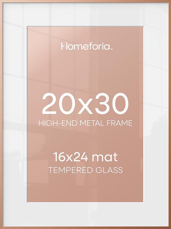 Homeforia 20x30 Frame Rose Gold, High End Metal 20x30 Picture Frames with Mat 16x24 inch Photo, 20 x 30 Rose Gold Poster Frame Matted to 16 by 24, 30x20 Large Frame, Tempered Glass, Wall Kit, Set of 1