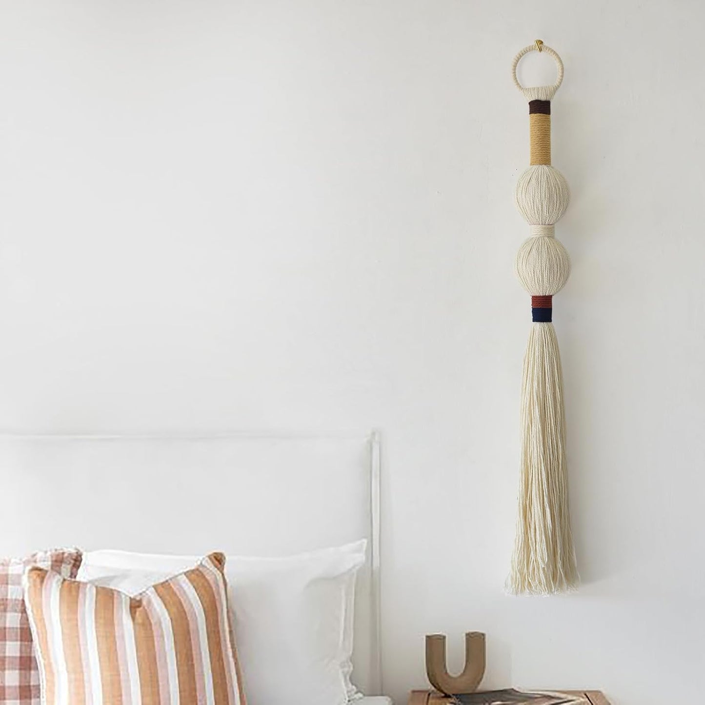 Macrame Wall Hanging Boho Decor Yarn Wall Art Small Sphericity Cotton Textile Tassel Hanging Fiber Art for Living Room Bedroom 27'' L x 2.3'' W