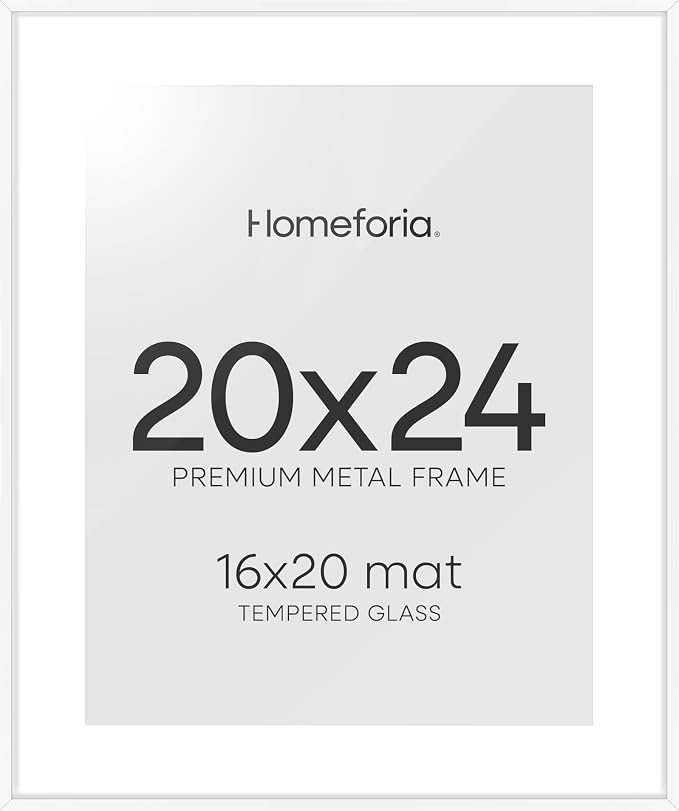 Homeforia 20x24 Picture Frame White, High End Metal 20x24 Frame Matted to 16x20 Print, 20 x 24 White Poster Frames with Mat 16 by 20 inch Photo, 24x20 Hanging Frame, Tempered Glass, Wall Kit, Set of 2