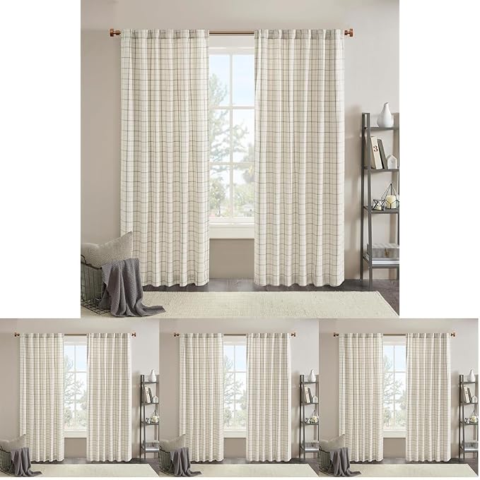 Madison Park Anaheim Cabin Plaid Curtain Window, Thermal Insulated Fleece Lining, Living Room Decor Room Darkening Drape for Bedroom, 1-Single Panel, 50x84, Rod Pocket & Back Tab, Natural (Pack of 4)