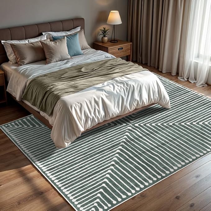 GLN Rugs Contemporary Collection - Machine Washable Area Rug, Contemporary Washable, Non Slip, Low Pile Chenille Rug, Living Room, Bedroom, Kitchen Rug (4' x 6' Beige Green)