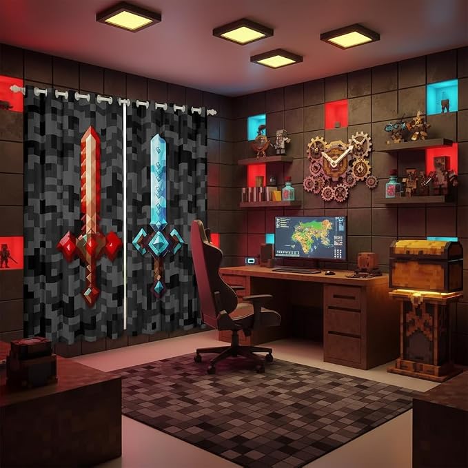 Castle Fairy Red Blue Sword Living Room Decor Curtains,Sandbox Building Games Window Curtain,Boys Teens Pixelated Style Swords Window Treatment Grey Black Camo Blackout Drapes 2 Panels,52Wx63L