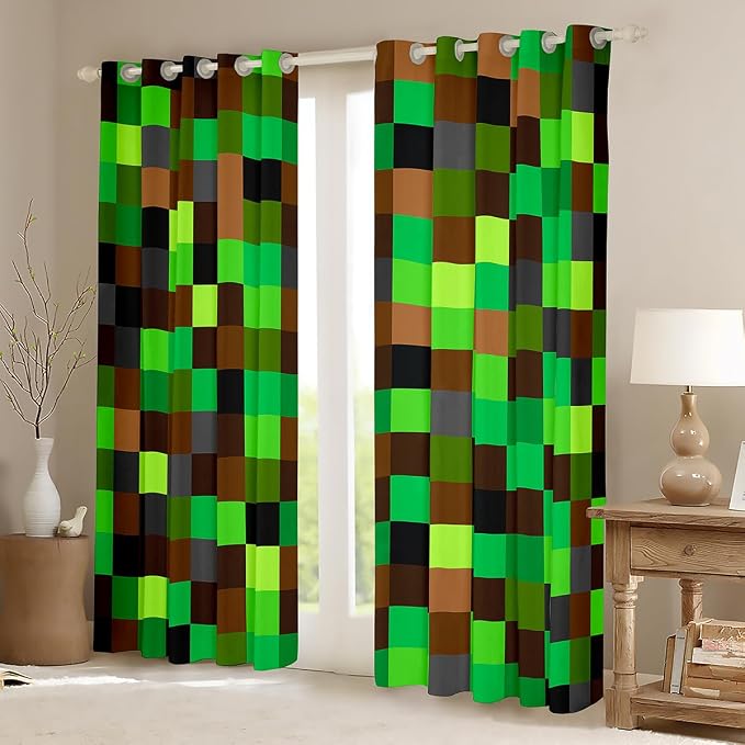 Castle Fairy Green Brown Blocks Window Curtain,Pixelated Grid Blackout Window Treatment,Kids Girls Teens Miners Gaming Bedroom Curtains Build Sandbox Theme Living Room Decor Top 2 Panels,38Wx54L