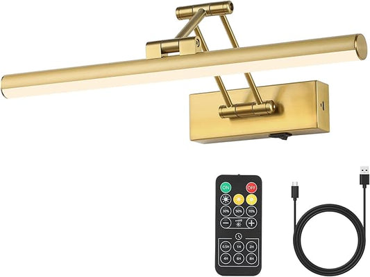 Joossnwell Wireless Picture Light Battery Operated with Remote LED Art Lights for Paintings Rechargeable Dimmable and Timer 15.5 Inch Brass Picture Lights for Wall Gallery Light Library Light