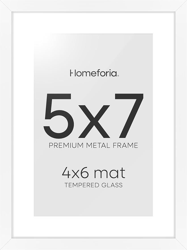 Homeforia 5x7 Picture Frame White, High End Metal 5 x 7 White Frames with Mat 4 x 6 for Art, 5x7 Desk Frame Matted to 4x6 inch Photo, 5 by 7 Wall or Tabletop Frames, Tempered Glass, Wall Kit, Set of 2