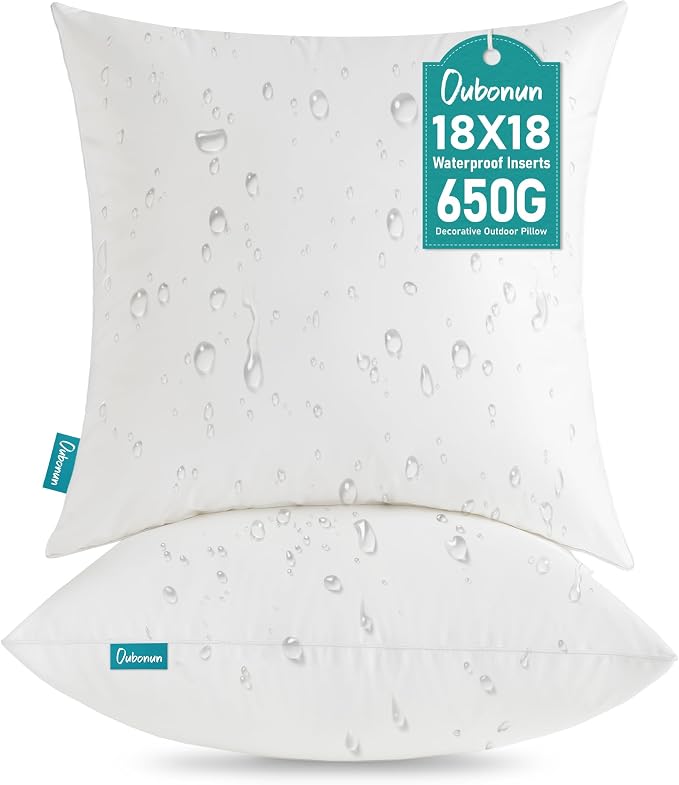 Oubonun 18 x 18 Outdoor Pillow Inserts (Pack of 2) - Square Waterproof Throw Pillow - Decorative Throw Pillows Insert for Couch Sofa Bed Patio Furniture - White Pillow