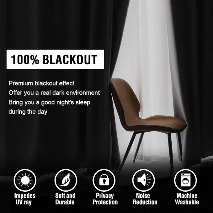 H.VERSAILTEX 100% Blackout Curtains for Bedroom with Black Liner Full Room Darkening Curtains 54 Inches Long Thermal Insulated Back Tab/Rod Pocket Window Drapes for Living Room, 2 Panels, Jet Black