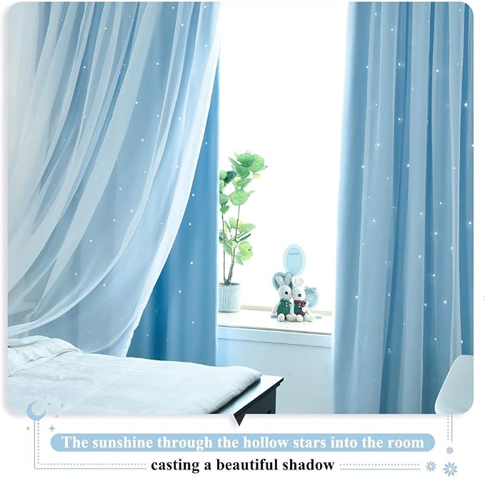 NICETOWN Kids Boys Blackout Curtains, Double-Deck Sheer Panel & Star Drapes for Living Room, Window Treatments with Tie Backs (Blue, 1 Pair, W52 x L95)