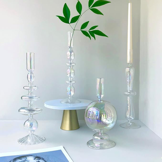 Candle Stick Candle Holder, Glass Candle Holders for Table Centerpiece, Modern Style Iridescent Candle Holder Mixed 4pcs
