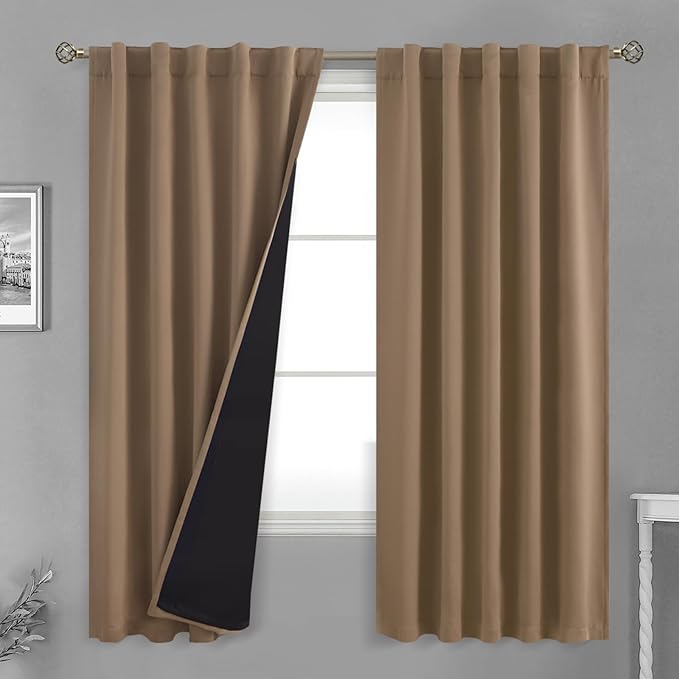 BGment 100% Room Darkening Thermal Insulated Blackout Curtains 72 Inches Long with Liner, Rod Pocket and Back Tab Double Layer Noise Cancelling Curtains for Bedroom (42 x 72 Inch, 2 Panels, Taupe)