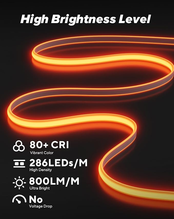 Shine Decor COB LED Rope Light AC 120V, 800lm Ultra Bright, IP65 Waterproof Cold-Resistant ETL Neon Strip, No Driver Tape Lighting for Home Commercial 10x4.5mm, Amber, 32.8ft