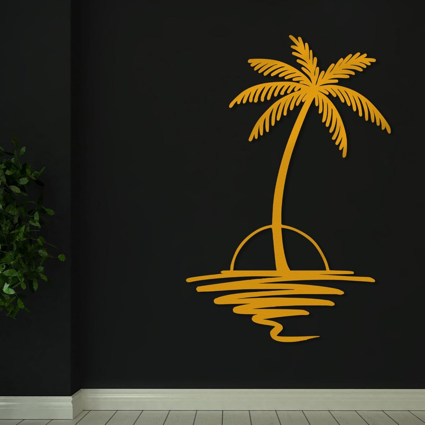 Metal Palm Tree with Sunset Wall Art, Large Outdoor Wall Decor, Tropical Beach Coastal Decor for Living Room, Bedroom, Garden Home Wall Sign, Perfect Metal Wall Art for Beach House, Coastal Theme, and Home Decoration (Gold, 18 x 14 inches)