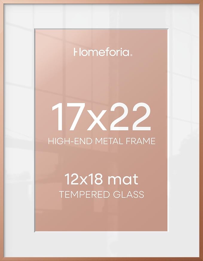 Homeforia 17x22 Picture Frame Rose Gold, High End Metal 17x22 Poster Frames with Mat 12x18 Photo, 17 x 22 Rose Gold Frame Matted to 12 by 18 Print, 22x17 Thin Frame, Tempered Glass, Wall Kit, Set of 1