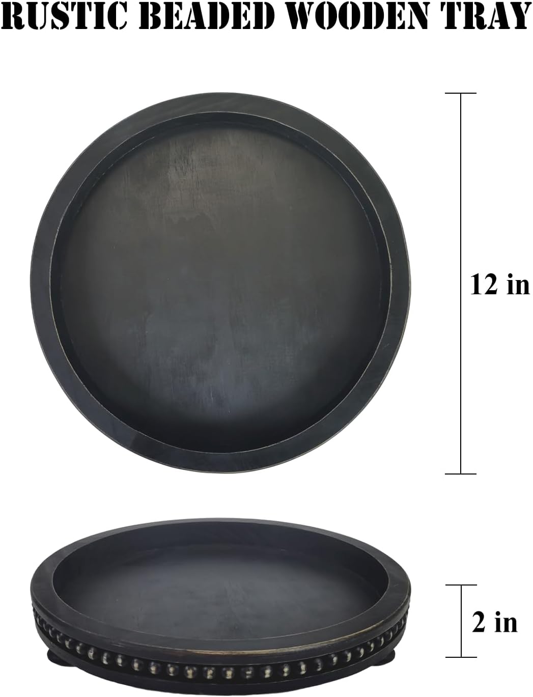 12 Inches Rustic Wooden Decorative Tray, Small Round Beaded Wood Tray for Kitchen Dinning Table Centerpiece Decor Entryway Living Room Home Decor, Black