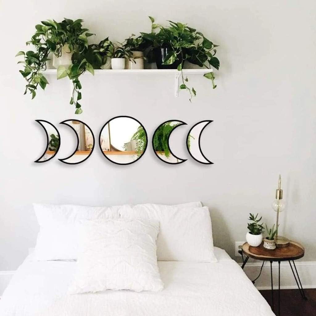 5 pcs Scandinavian Natural Decor Acrylic Moonphase Mirrors Interior Design Wooden Moon Phase Mirror Bohemian Wall Decoration for Home Living Room Bedroom Decor - No Need to Punch (Black)