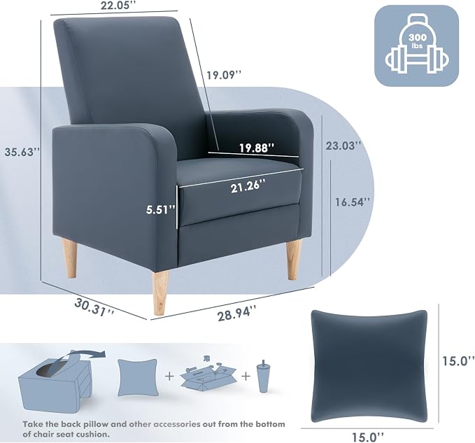 COLAMY Mid-Century Modern Accent Chair, Faux Leather Upholstered Living Room Chair with Back Pillow & Solid Wood Legs, Comfy Armchair for Living Room, Bedroom, Single Sofa, Dark Blue