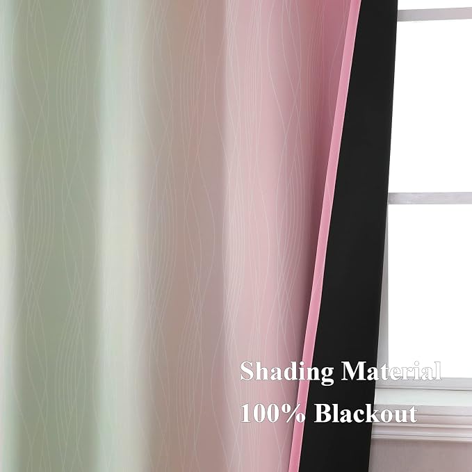 Estelar Textiler Pink and Sage Green Ombre Blackout Curtains 45 Inch Length 2 Panels, Full Room Darkening Gradient Drapes for Bedroom, Thermal Insulated Grommet Short Curtains for Bathroom, 42Wx45L