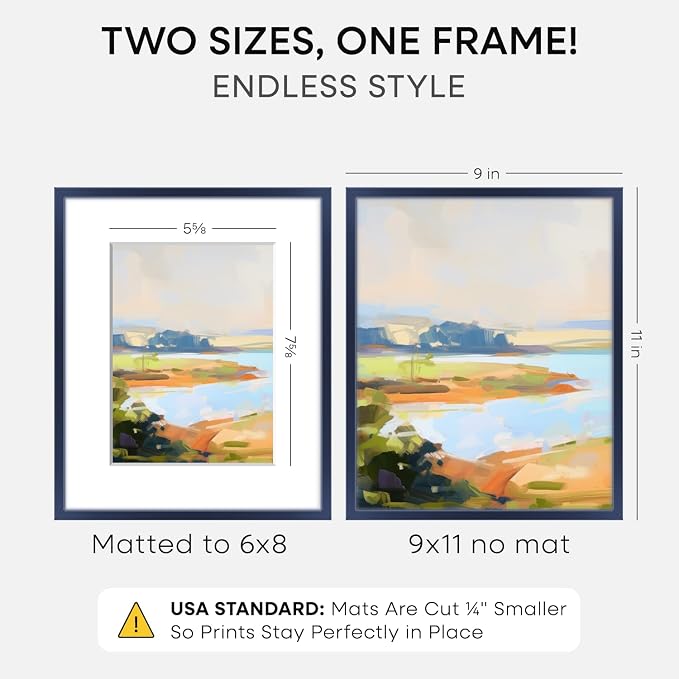 Homeforia 9x11 Navy Blue Frame, High End Metal 9 x 11 Picture Frames with Mat 6 by 8 inch Photo, 9by11 Poster Frame Matted to 6x8 Print, 11x9 Wall or Tabletop Frame, Tempered Glass, Wall Kit, Set of 1