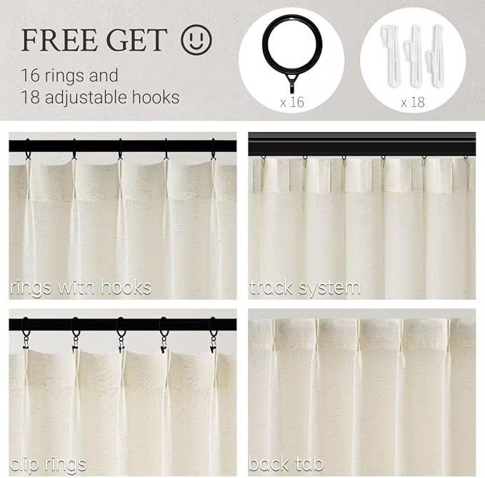 Topfinel 105 Inch Curtains 1 Panels Set,Two Packs Pinch Pleat Back Tab Linen Window Semi Sheer Privacy Thick Decorative Curtain Drapes for Living Room Bedroom,60x105 in Long,Ivory/Natural