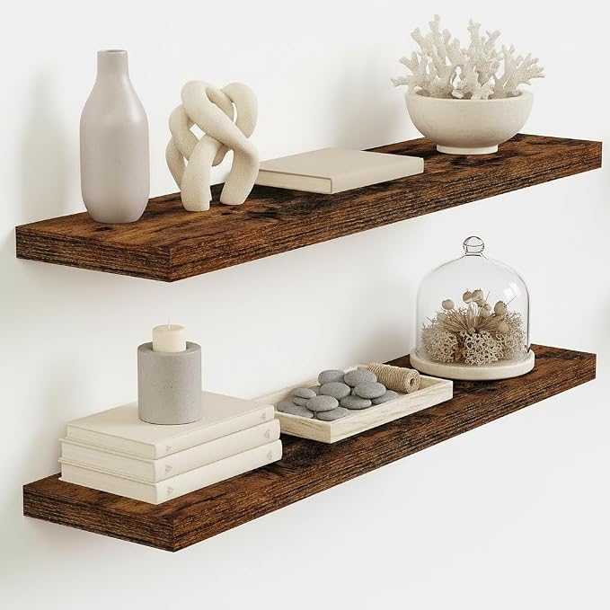 Vivelove Floating Shelves for Wall Mounted, 32 Inches Long Shelves, Display Shelf for Bathroom Living Room Kitchen Bedroom Office Farmhouse Home Decor, 32" X 9.3" X 1.5" - Set of 2, Rustic Brown