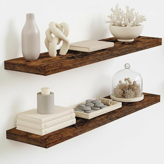 Vivelove Floating Shelves for Wall Mounted, 32 Inches Long Shelves, Display Shelf for Bathroom Living Room Kitchen Bedroom Office Farmhouse Home Decor, 32" X 9.3" X 1.5" - Set of 2, Rustic Brown