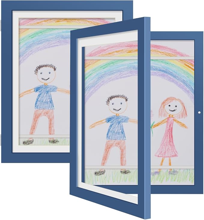Kids Art Frames 9x12 Set of 2 - Front Opening Childrens Picture Frame Changeable, Wood Artwork Display Storage for Wall Mount, Magnetic Door Holds 50 Art Pieces for Drawings, 3D Picture, Crafts, Portfolio, Blue