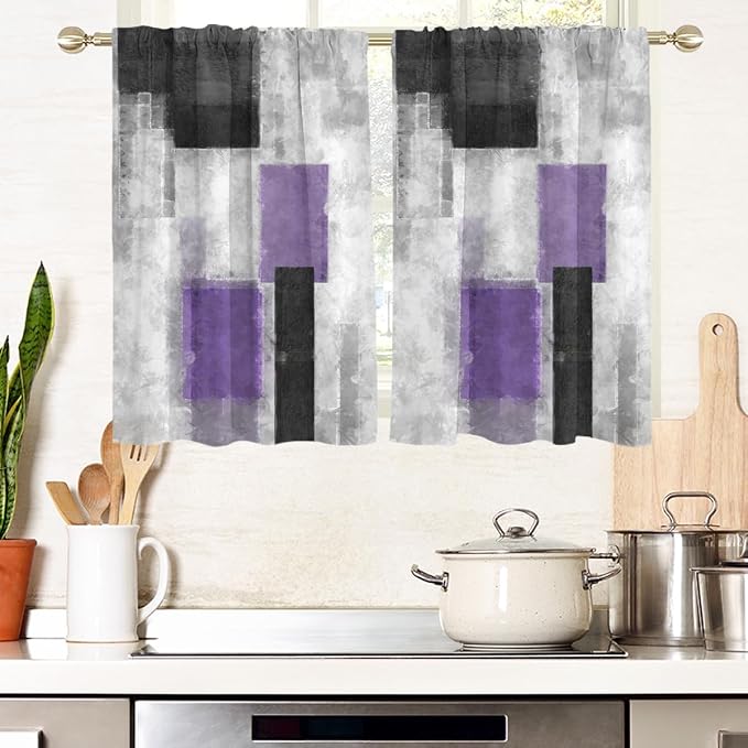 AAtter Purple Window Curtains for Kitchen Lavender Modern Abstract Plum Ombre Small Short Home Living Room Bedroom Bathroom Rod Pocket Drapes Treatment Tiers Fabric 1 Pair, 27.5" W x 45" L, Geometric