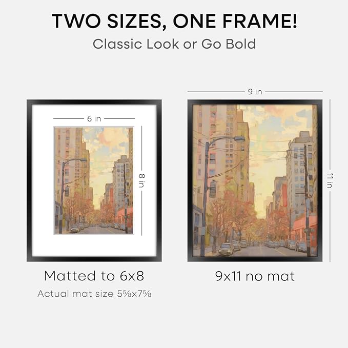 Homeforia 9x11 Picture Frame Black, High End Metal 9 x 11 Poster Frames with Mat 6 by 8 inch Photo, 9by11 Frame Matted to 6x8 in Print, 11x9 Wall or Tabletop Frames, Tempered Glass, Wall Kit, Set of 1