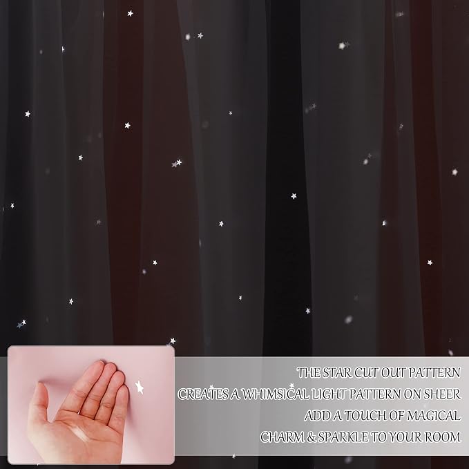 NICETOWN Curtains for Girls Bedroom Kids Curtain Hollow-Out Star Window Drapes Curtain 63 inches Length Room Darkening Grommet 2 Layers, 2 Panels, Pink & Grey, W52 x L63 inches