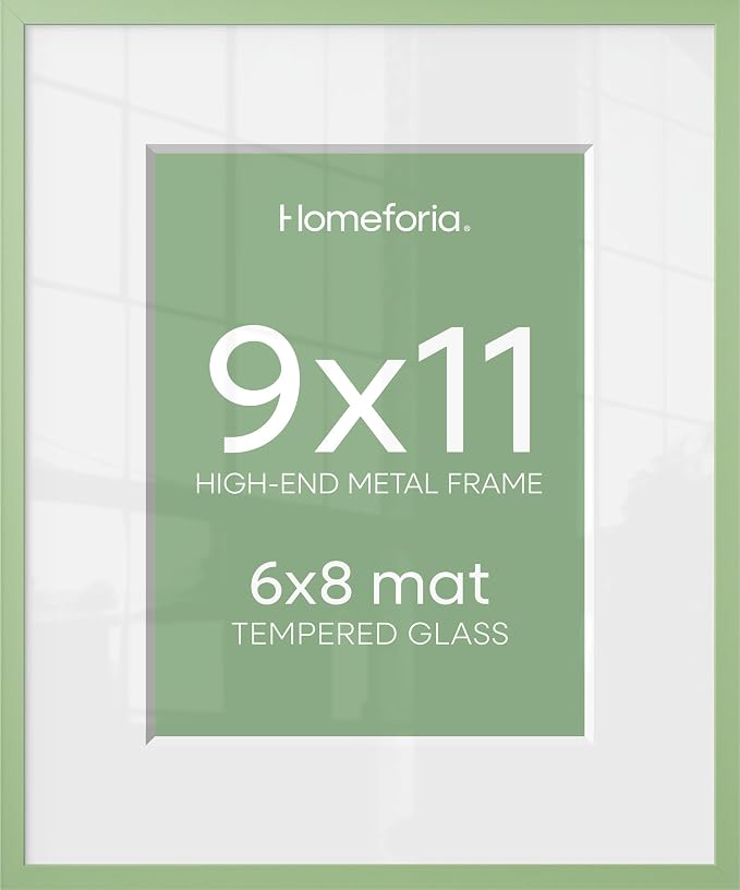 Homeforia 9x11 Sage Green Frame, High End Metal 9 x 11 Picture Frames with Mat 6 by 8 inch Photo, 9by11 Poster Frame Matted to 6x8 Art, 11x9 Wall or Tabletop Frames, Tempered Glass, Wall Kit, Set of 2