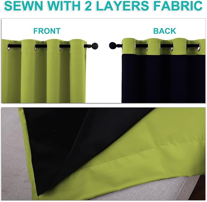 NICETOWN 100% Blackout Curtains 45 inches Long, Fresh Green, 1 Pair, 42 inches Width Each Panel, 2 Thick Layers Completely Blackout Window Treatment Thermal Insulated Lined Drapes for Small Window