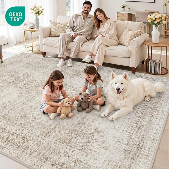 5x7 Area Rugs for Living Room: Vintage Boho Neutral Washable Rug Indoor Soft Large Area Rug Carpet for Bedroom Nursery Farmhouse Dining Room Office Floor Non-Slip Low Pile Under Table Rug Brown