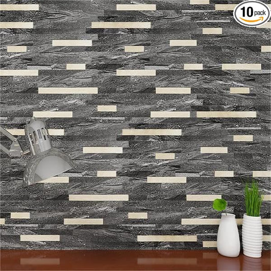 KASARO Peel and Stick Marble Backsplash Tile, 10 Sheets, Black Marble with Vintage Golden Stripes, Self-Adhesive Wall Tile for Kitchen, Bathroom, Fireplace, RV (11.4” x 10.6”)