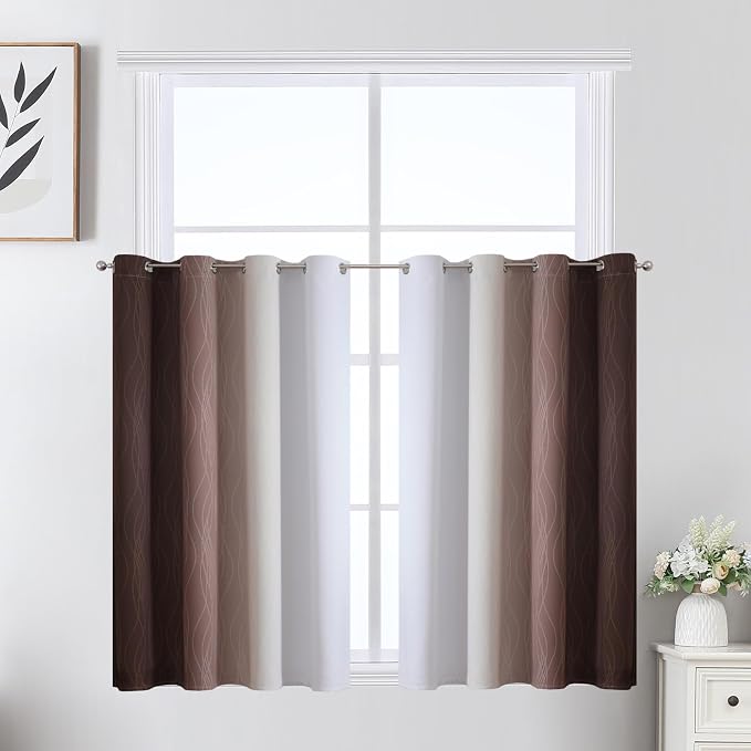 Estelar Textiler Brown and Greyish White Ombre Short Blackout Cafe Curtains 36 Inch Length, Thermal Insulated Grommet Small Half Window Drapes for Kitchen/Basement/RV Camper, 52Wx36L, 2 Panels