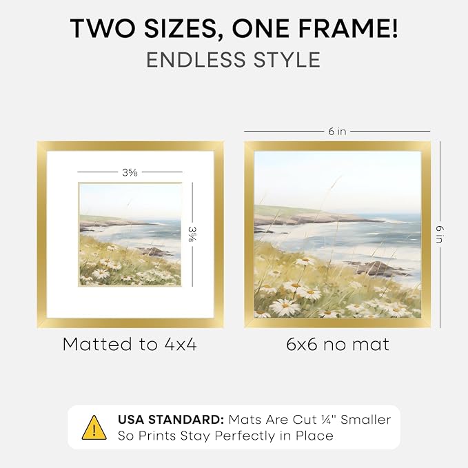 Homeforia 6x6 Picture Frame Gold, High End Metal 6 x 6 Square Photo Frames with Mat 4 by 4, 6x6 Poster Frame Matted to 4x4 inches Print, 6by6 Wall or Tabletop Frame, Tempered Glass, Wall Kit, Set of 1