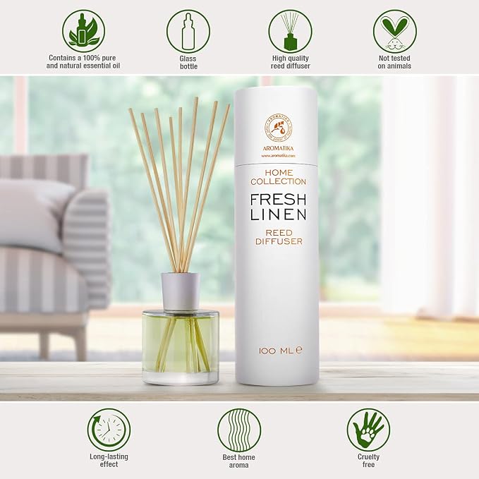 Reed Diffuser Fresh Linen 3.4 Fl Oz (100ml) - Fragrance Oil Reed Diffuser with Rattan Sticks - Room Freshener - Relaxation Fragrance - Scented Diffusers - Fragrance