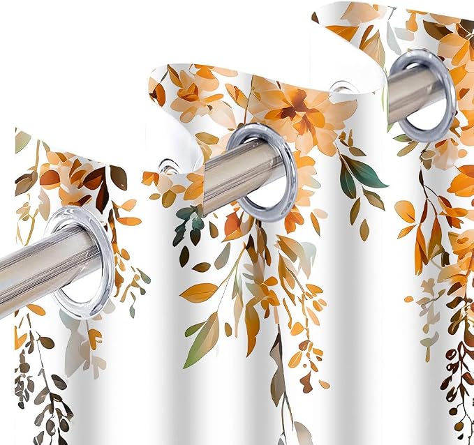 Orange Watercolor Floral Curtains, 52x63 inch, 2 Panels | Botanical Leaves Vine Flowers, Rustic Farmhouse Style, Blackout Window Treatment, For Bedroom Living Room