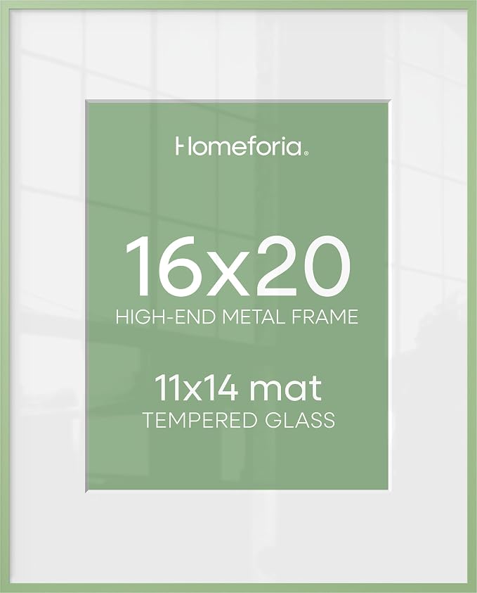 Homeforia 16x20 Sage Green Picture Frame, High End Metal 16x20 Poster Frame with Mat 11x14 inch Photo, 16 x 20 Sage Green Frame Matted to 11 by 14 Art, 20x16 Frame, Tempered Glass, Wall Kit, Set of 2