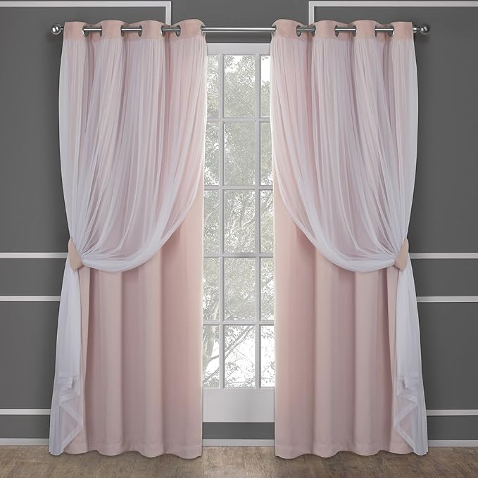 TOWN & COUNTRY LUXE Talia Double Layer Indoor Curtains, Sheer and Room Darkening Blackout, Grommet Top, Energy Efficient, 2-Pack Set, 52"x108", Rose Blush