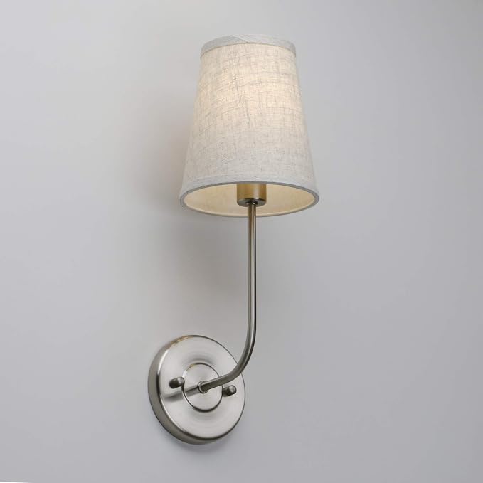 Permo Single Classic Rustic Industrial Wall Sconce Light Fixture with Flared Funnel Linen Fabric Shade Nightstand Lamps for Bedrooms Bedside Reading (Brushed)