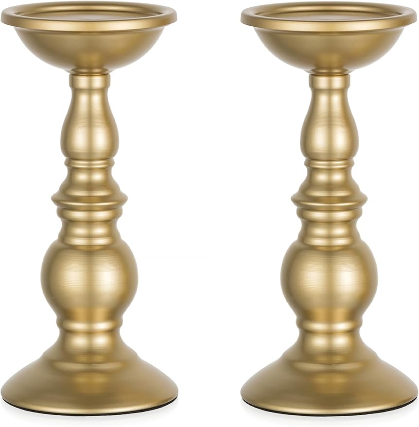 Set of 2 Gold Candlestick Metal Pillar Candle Holders, Flameless Candlestick Holders Stand Centerpieces Decoration Ideal for Weddings, Special Events, Parties