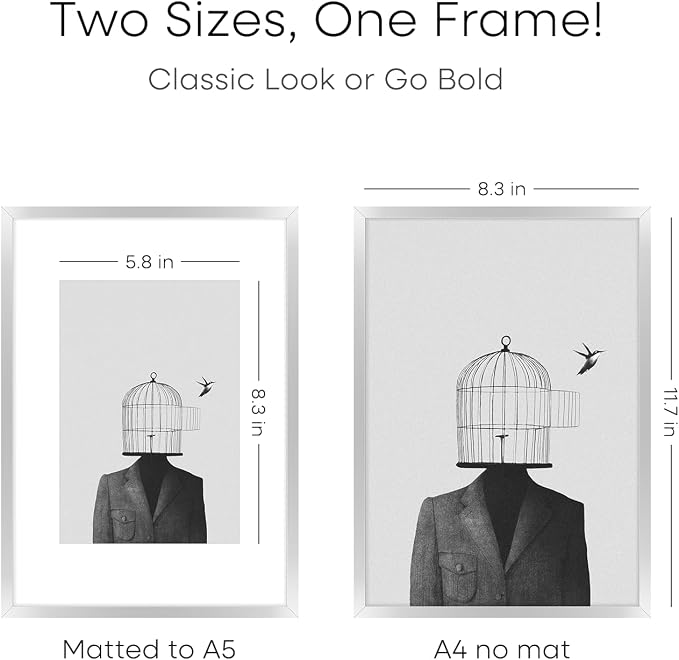 Homeforia A4 Picture Frame Silver, High End Metal 8.3 x 11.7 inch Silver Poster Frames with Mat 5.8 by 8.3 Art, A4 Frame Matted to A5 Photo, 8.3x11.7 Wall or Tabletop Frames, Tempered Glass, Set of 2