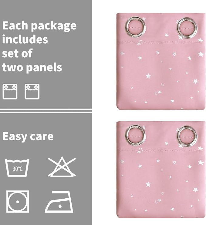 BGment Kids Blackout Curtains for Bedroom - Grommet Thermal Insulated Silver Star Print Room Darkening Curtains for Kids Room, Set of 2 Panels, 38 x 84 Inch, Baby Pink