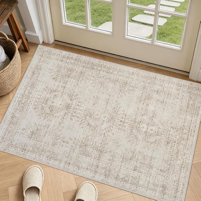 Machine Washable Area Rugs 2x3: Vintage Boho Neutral Washable Rug Indoor Soft Small Entryway Throw Carpet for Living Room Bedroom Kitchen Laundry Floor Non-Slip Low Pile Entrance Rug Brown