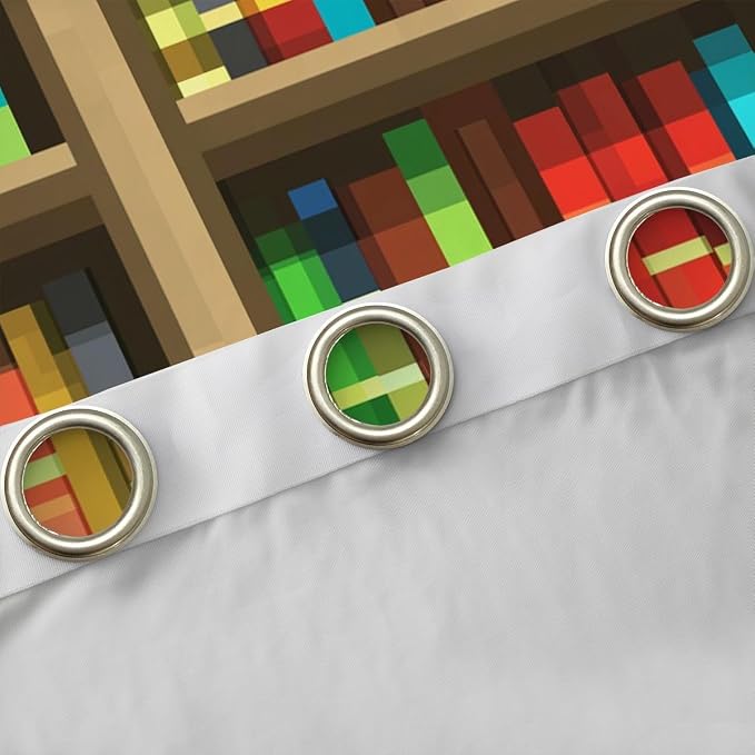 Castle Fairy Bookshelf Window Curtain,Pixelated Bookshelf Blackout Window Treatment,Kids Teens Adult Pixel Style Games Bedroom Curtains Anime Bookcase Theme Living Room Decor Top 2 Panels,42Wx90L