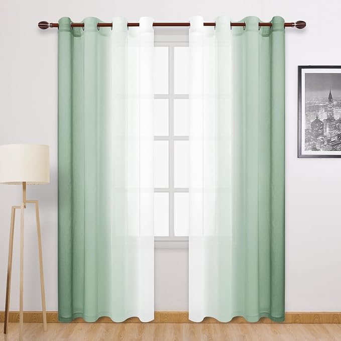 DWCN Ombre Faux Linen Sheer Curtains - Extra Long Gradient Semi Voile Grommet Top Bedroom and Living Room Curtains, 52 x 102 Inches Long, Set of 2 Window Curtain Panels, Sage Green