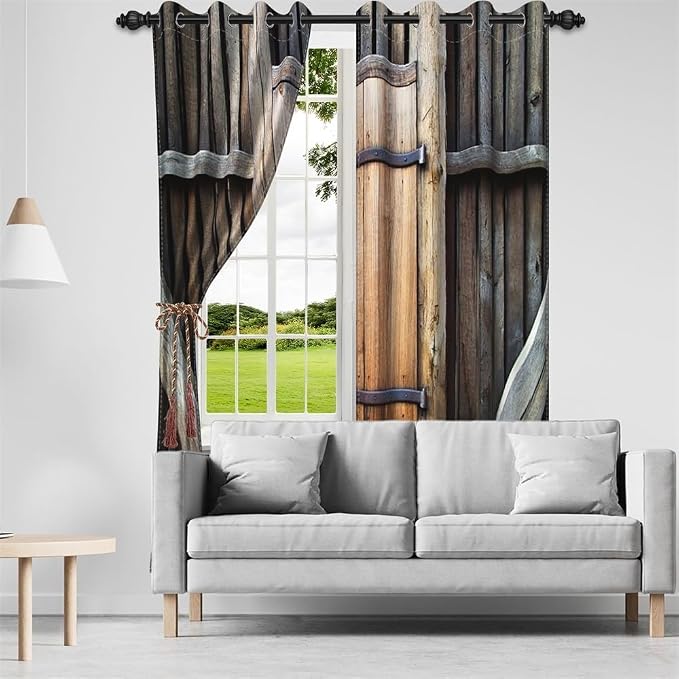 Rustic Farm Kitchen Curtains Farmhouse Old Wooden Door Vintage Barn Door Blackout Window Drapes for Living Room Bedroom Rural Room Darkening Window Treatment,26x84 inch,2 Panels