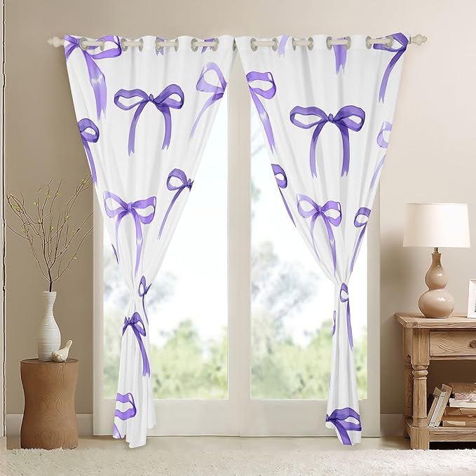 Feelyou Bow Room Darkening Blackout Curtain Boys Girls (2 Panels, 42 x 84 Inch) Purple Girls Bow Curtains for Bedroom Living Room Cute Bowknot Blackout Curtains Kawaii Window Treatments